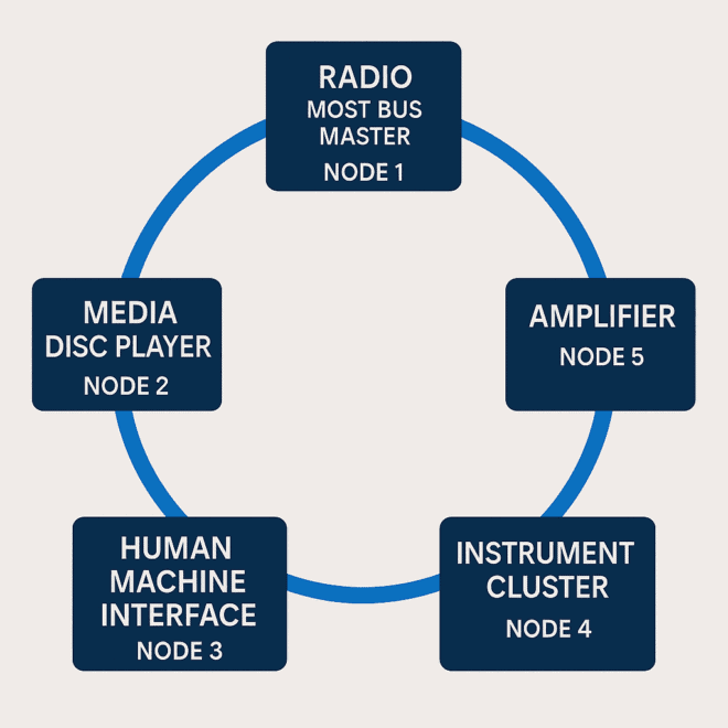 Diagram of the GM MOST bus ring showing the Radio as the MOST master and the HMI, amplifier, instrument cluster, and media disc player connected in a closed-loop copper network.