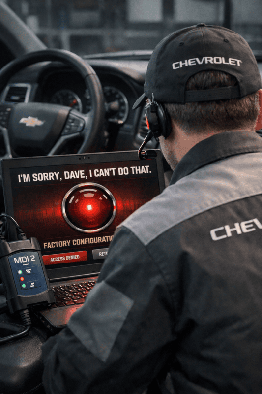 GM dealership technician using MDI2 and SPS2 programming tools showing factory programming limitations