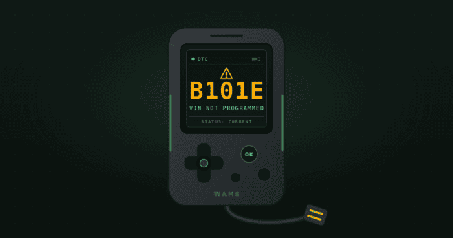 GM scan tool displaying DTC B101E, VIN not programmed, on an HMI module