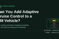 Diagram showing a GM vehicle's windshield camera is present for automatic emergency braking but the forward radar required for adaptive cruise control is missing